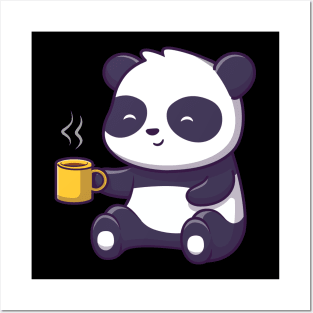 Cute panda sitting and drinking tea Posters and Art